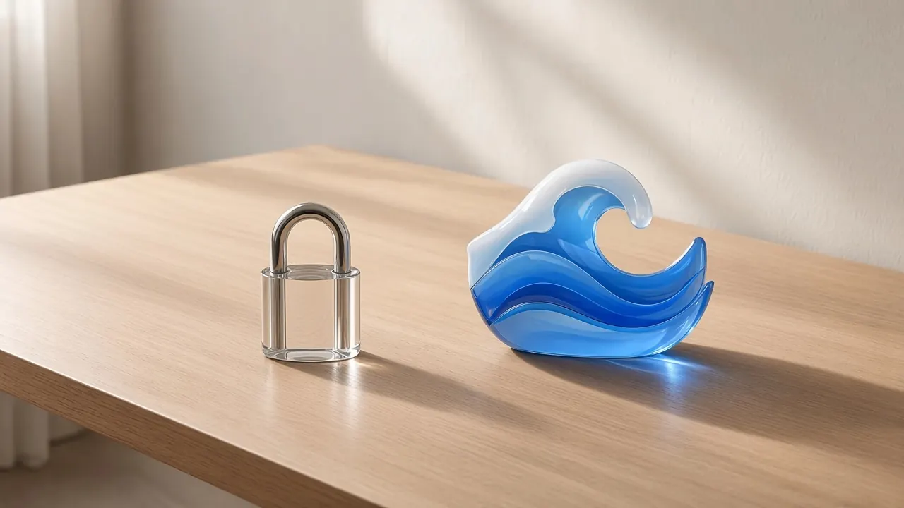 A glass padlock beside a blue glass wave on a pale oak desk.