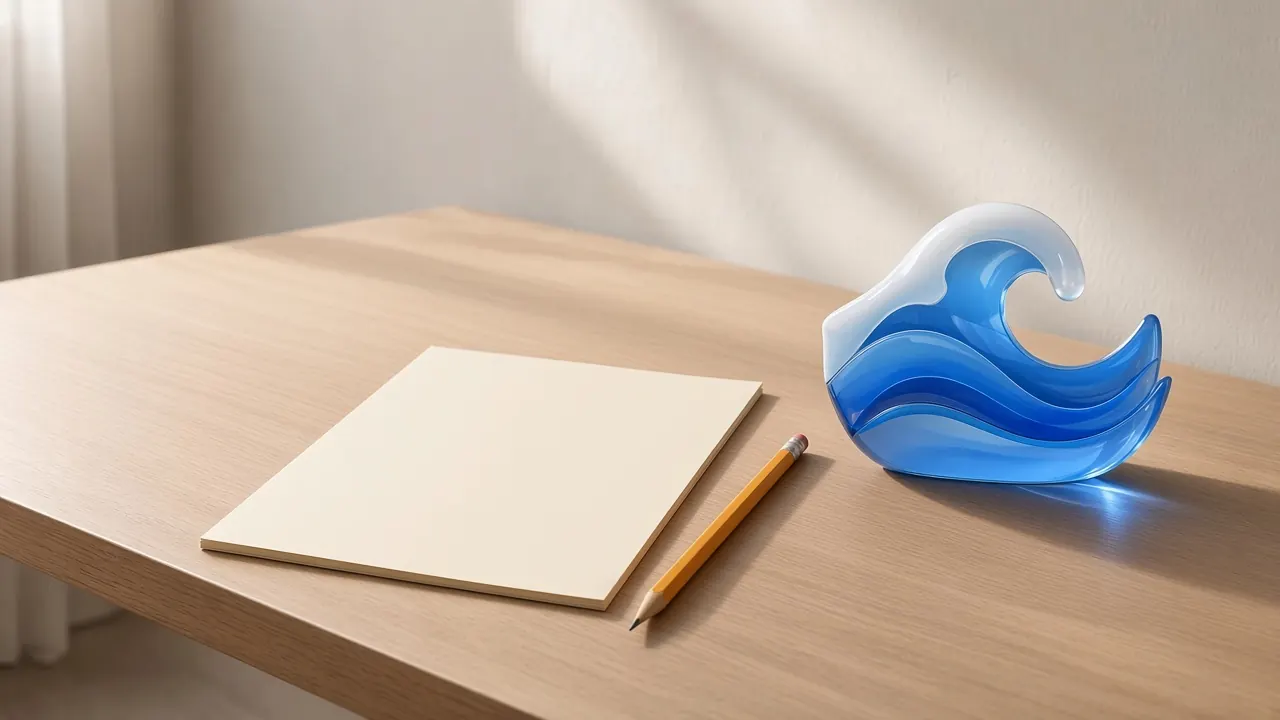 A blank sheet and a pencil beside a blue glass wave on a pale desk.